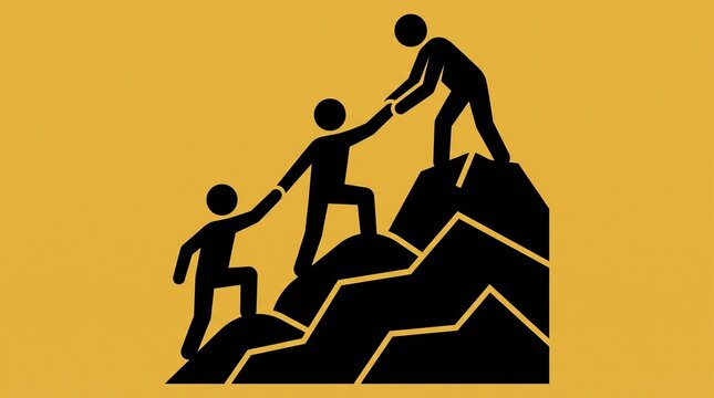 Three black silhouette people helping each other climb mountain.