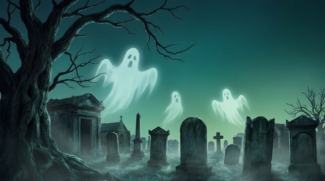 Eerie glowing ghosts floating over an old foggy graveyard at night