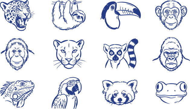 Jungle animals blue ink sketch vector illustration featuring wild exotic creatures for wildlife designs