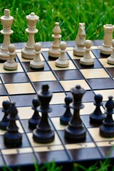 Wooden chessboard with pieces set up vertically on green grass
