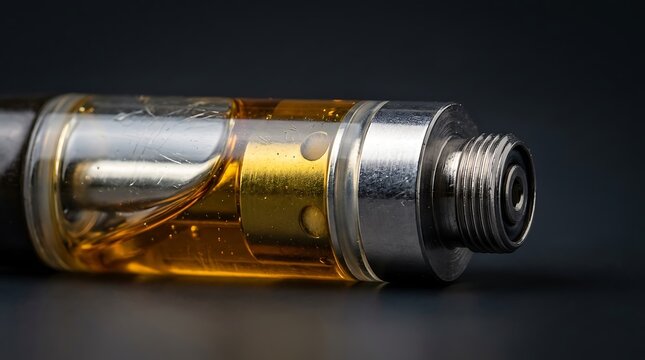 Close up of a metallic electronic cigarette atomizer tank filled with golden vaping liquid oil. CBD vape cartridges