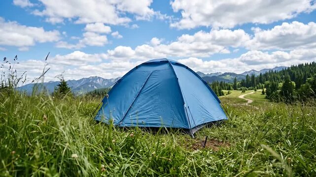 Blue camping tent pitched in green meadow surrounded by mountains under blue sky