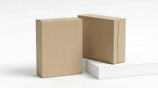 Two brown cardboard boxes standing on a small platform for product display or shipping mockup. blank cereal box