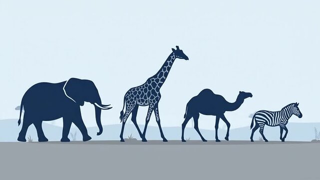 Animated Silhouette Group of Wild Safari Animals Walking Across Desert Landscape