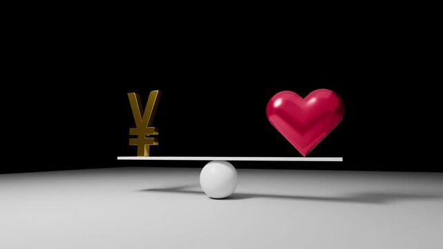 Balancing Japanese yen and heart on a scale, conceptual 3D animation about money versus love, happiness, material success, relationships and life priorities