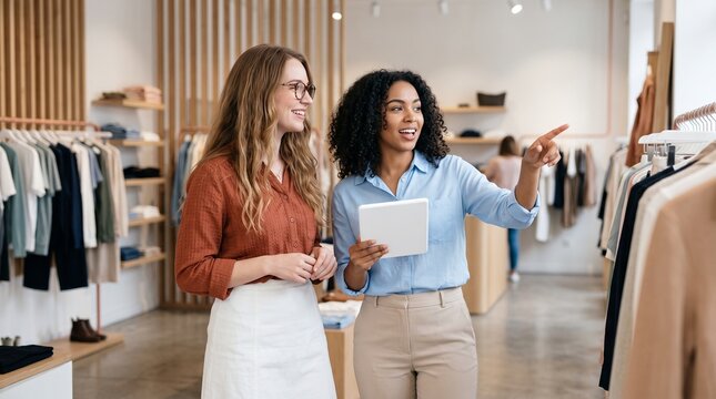 Fashion retail assistants using digital tablet in boutique.