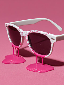 Pink sunglasses are melting from the heat. Creative concept of a sale on an pink background