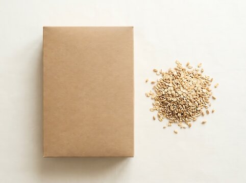 Brown paper bag with a pile of raw oat flakes for healthy breakfast cereal preparation. blank cereal box