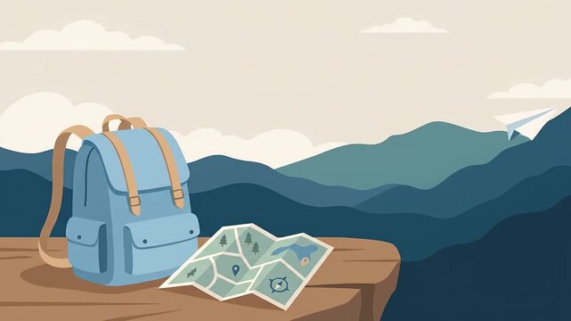 Blue Backpack and Navigational Map on Cliff with Flying Paper Airplane and Mountain Horizon
