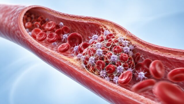 Blood clot formation shown in premium biomedical CGI with platelet aggregation, fibrin mesh and trapped red blood cells inside vascular microenvironment.