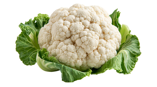 Fresh whole cauliflower head with vibrant green leaves
