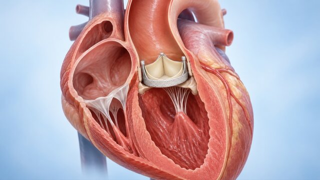 Prosthetic heart valve shown integrated within cardiac anatomy in premium clinical CGI with clear device placement on pale blue cardiology education background.