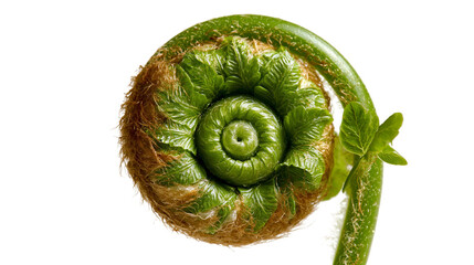 Green coiled fern fiddlehead with brown fuzzy texture and curled frond © Isadora