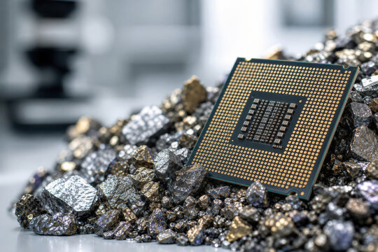 High-end semiconductor microprocessor chip on rare earth mineral granules highlighting critical minerals supply chain AI hardware manufacturing strategic assets corporate technology concept image