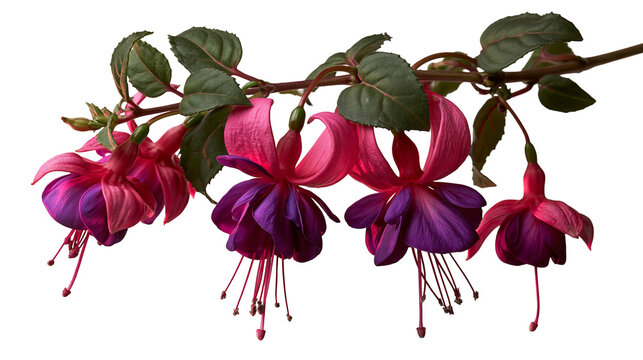 Vibrant pink and purple fuchsia flowers on a leafy green stem