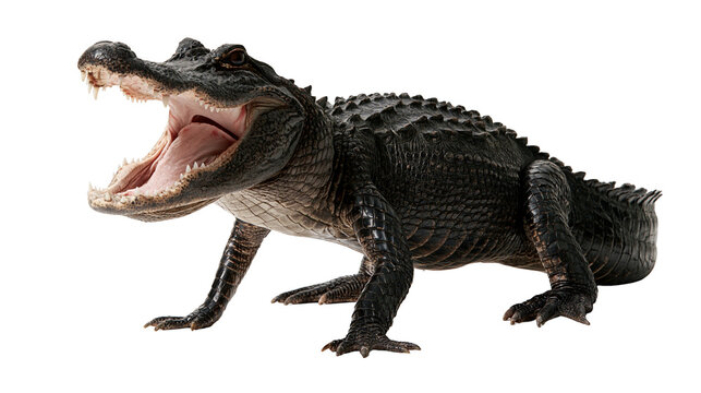 Large American alligator with open jaws showing sharp teeth and textured skin