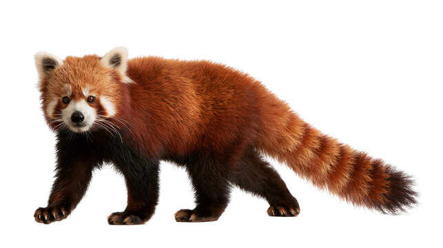 Full body side view of a fluffy red panda with a long striped tail