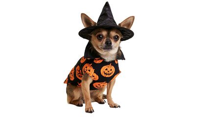 Chihuahua dog wearing a black witch hat and a pumpkin print Halloween costume © Isadora
