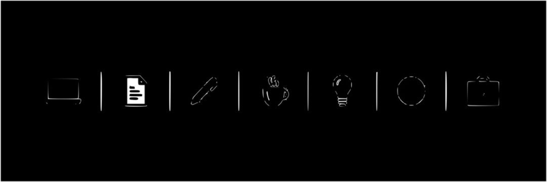 Minimalist Office Ideogram Icons Set, Featuring Document, Book, Chart, Pencil, Lightbulb, and Camera Symbols