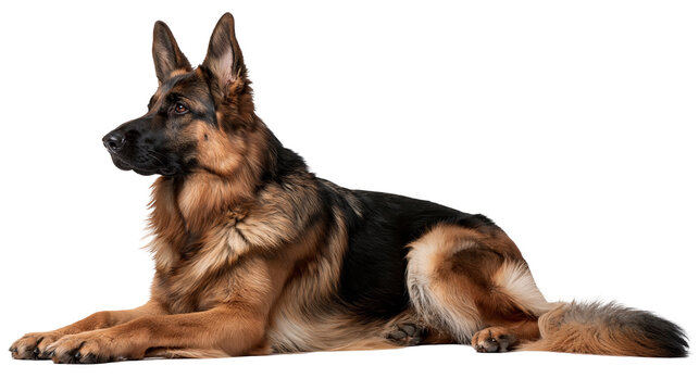 Alert German Shepherd dog lying down looking to the side