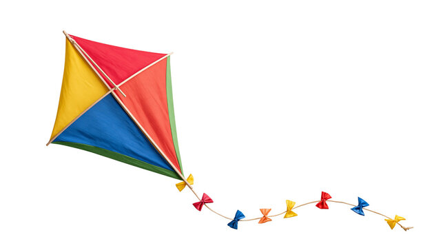 Multicolor diamond shaped kite with a long tail featuring small fabric bows