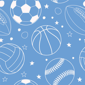 Seamless sports pattern featuring white outline balls, stars and dots on a blue background. Vector design with soccer, basketball, baseball, American football and volleyball for textile, wallpaper and
