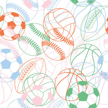 Colorful seamless pattern featuring overlapping sports balls in a light hand drawn style. Vector background with soccer, basketball, baseball, American football and volleyball for sports, textile and 
