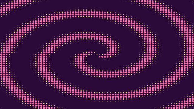 Pink and yellow circle spiral pattern on a dark purple background, digital halftone vortex with a swirling geometric motion effect