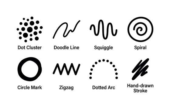 Doodle Dot Patterns, solid glyph icon set featuring dot cluster, doodle line, squiggle, spiral, circle mark, zigzag, dotted arc, hand-drawn stroke, covering hand-drawn dot and doodle line pattern