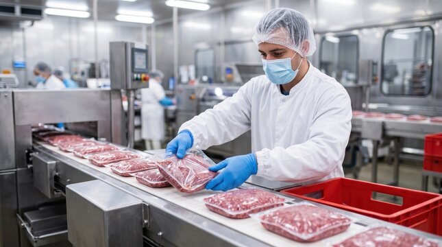 Masked employee separates defective sealed meat from production line, highlighting quality assurance, contamination prevention and industrial food safety procedures today.