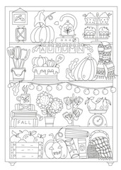 Obraz premium Fall Decorations On Bookshelves And Coloring Page For Kids And Adults