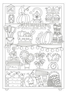 Fall Decorations On Bookshelves And Coloring Page For Kids And Adults