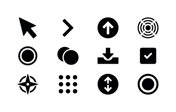 Pointer Gesture Interface, solid glyph icon set featuring cursor arrow, pointing symbol without hand, click ripple, tap circle, direction arrow, selection marker, button press icon, navigation