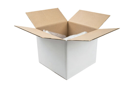 Open white cardboard shipping box with protective bubble wrap inside for packaging and delivery logistics isolated on a transparent background