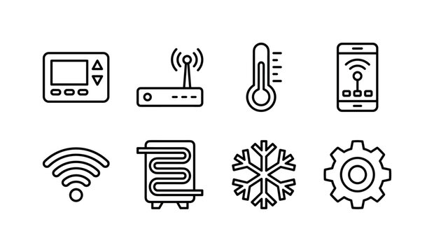 Smart Thermostat Control, line icon set featuring smart thermostat, home controller, temperature gauge, smartphone, Wi-Fi signal, heating coil, snowflake, settings gear, covering home automation, HVAC