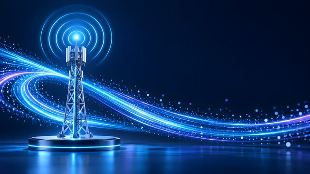 Futuristic telecommunications tower broadcasting high speed digital network signals and glowing data streams for global wireless internet connectivity