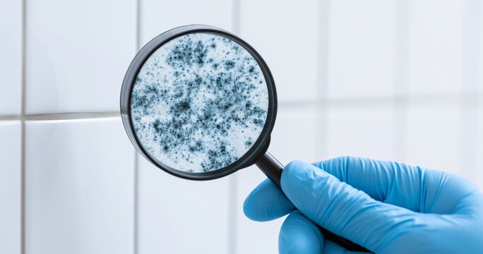Magnified mold spores on tiled surface
