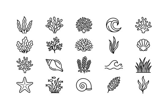 Marine Seaweed Pattern, line icon set featuring coral, algae, seaweed, kelp, marine grass, shell, reef sprig, wave, covering marine pattern motifs, ocean nature, sea plants, textile design, printable
