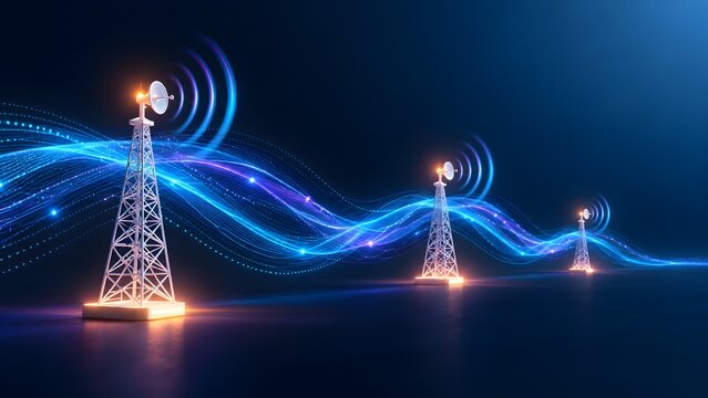 Network of glowing telecommunication towers broadcasting wireless signals and transferring high speed digital data streams for global broadband connectivity