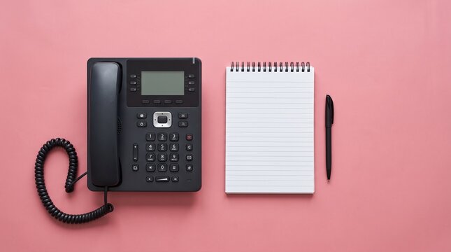 Modern office desk setup featuring corded business phone and lined notepad with pen for note-taking