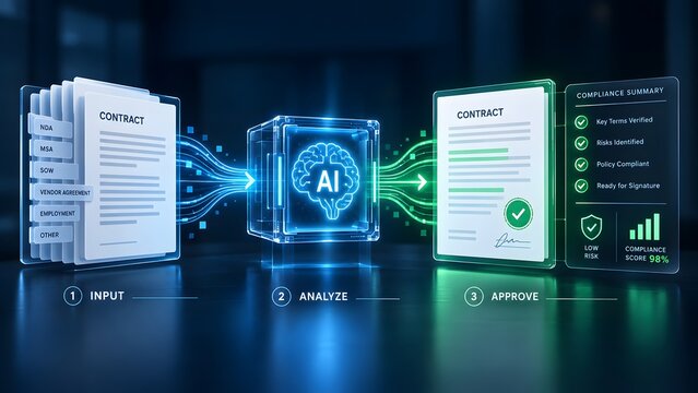 Artificial intelligence system executing automated legal contract analysis pipeline for compliance verification and digital signature approval in modern business environment