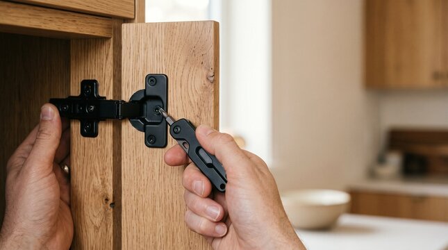 Person using a multi-tool to adjust a matte black cabinet hinge on a wooden door