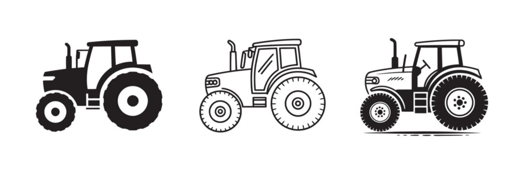Farm Tractor Icon Set, agricultural vehicle symbols for farming, cultivation, harvesting, agriculture, flat, outline, and hand drawn doodle vector styles