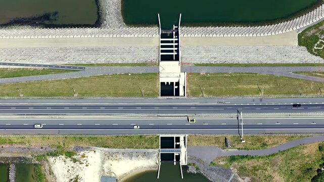 Aerial top down of the fish migration river at the Afsluitdijk in the Netherlands