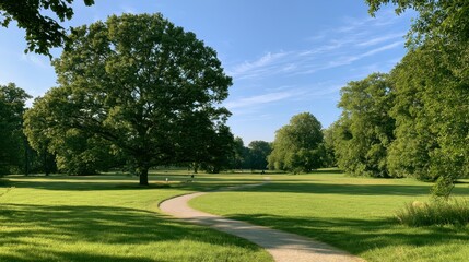 Fototapeta premium Green Field in a Serene Park Setting with Mature Trees and Bright Summer Light