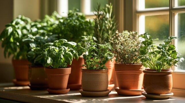 Green herb collection in mixed pots on a wooden counter with natural light