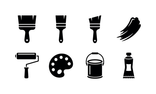 Yellow Painting Tools, solid glyph icon set featuring broad paint brush, flat brush, angled brush, paint stroke, paint roller, palette, paint bucket and paint tube, covering yellow paint concept, art