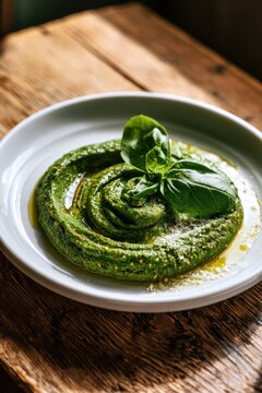 Green pesto sauce on a clean plate with pistachio flecks and basil garnish for Mediterranean appeal
