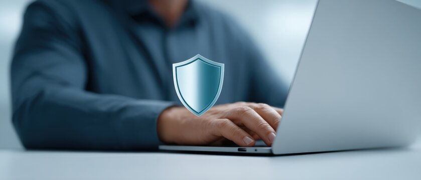 A close view of an individual's hand engaged in typing on a laptop keyboard featuring a security shield symbol that embodies the ideas of cybersecurity and safeguarding online information