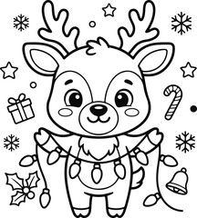 Obraz premium Cute cartoon reindeer holding christmas lights with gift, candy cane, bell, holly, and snowflakes